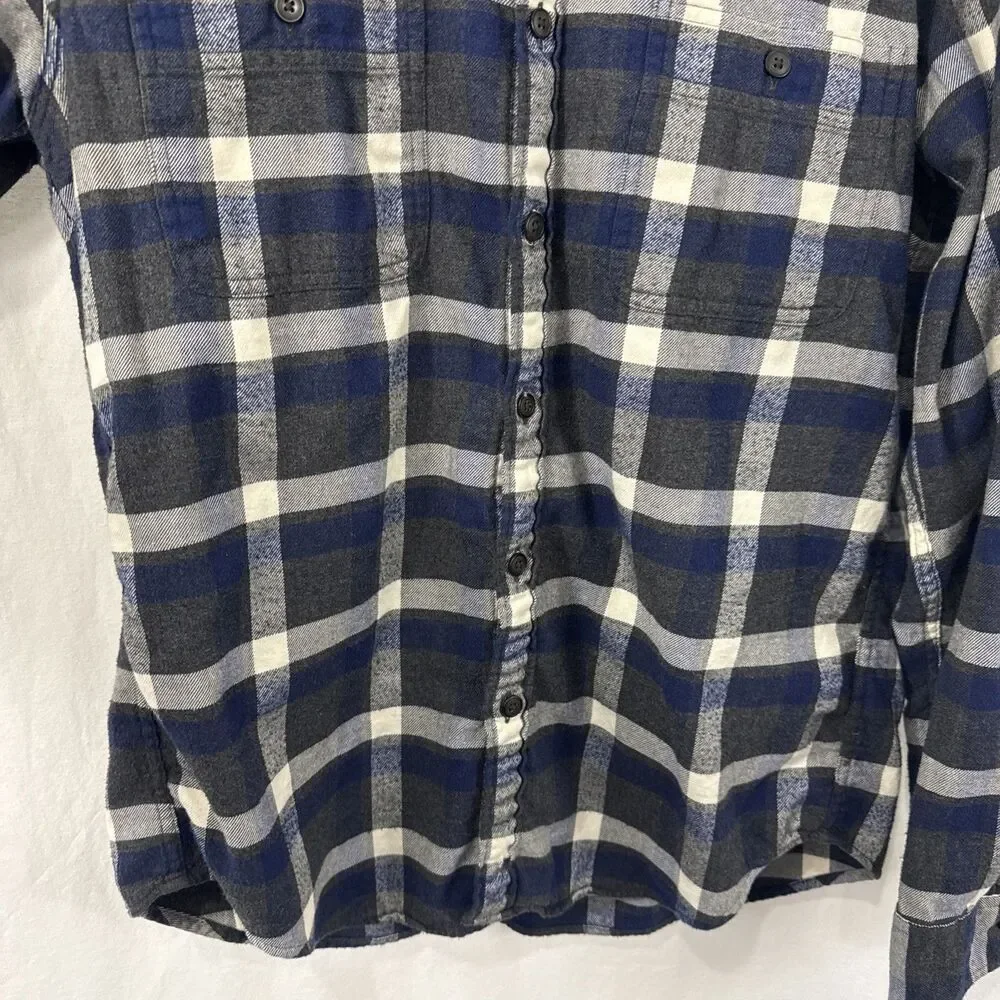 J Crew Slim Fit Flannel Gray Blue Plaid Button Up Shirt Mens L Outdoor Camping